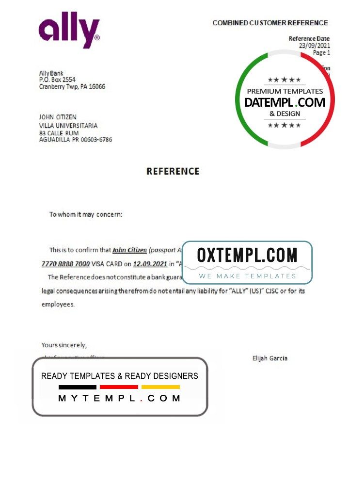 USA Ally bank account closure reference letter example in Word and PDF format