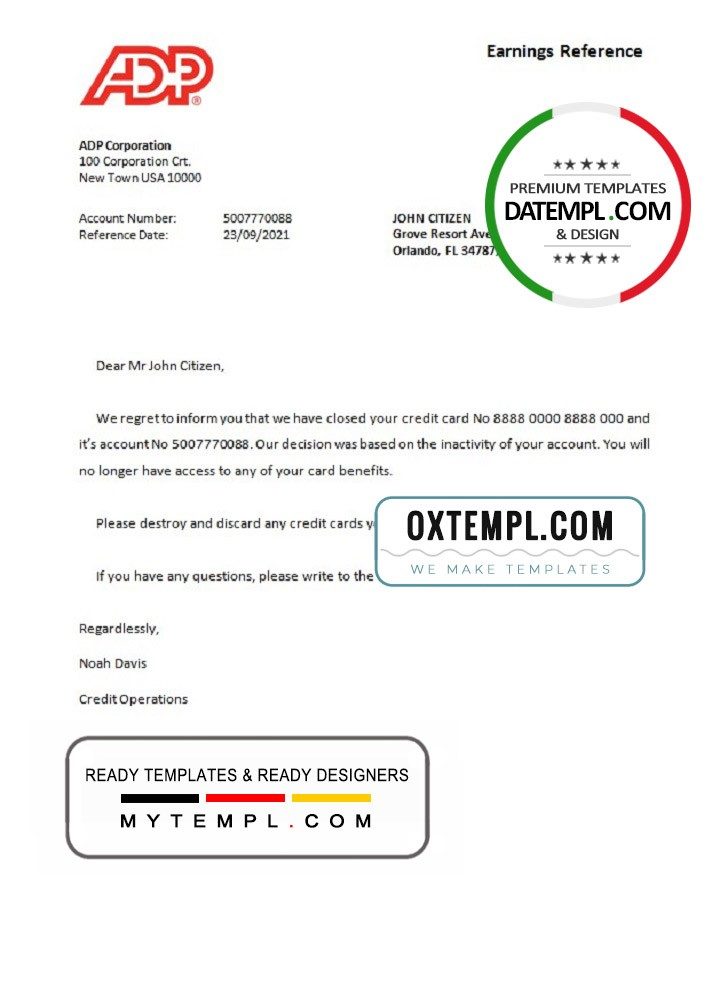USA ADP bank account closure reference letter example in Word and PDF format