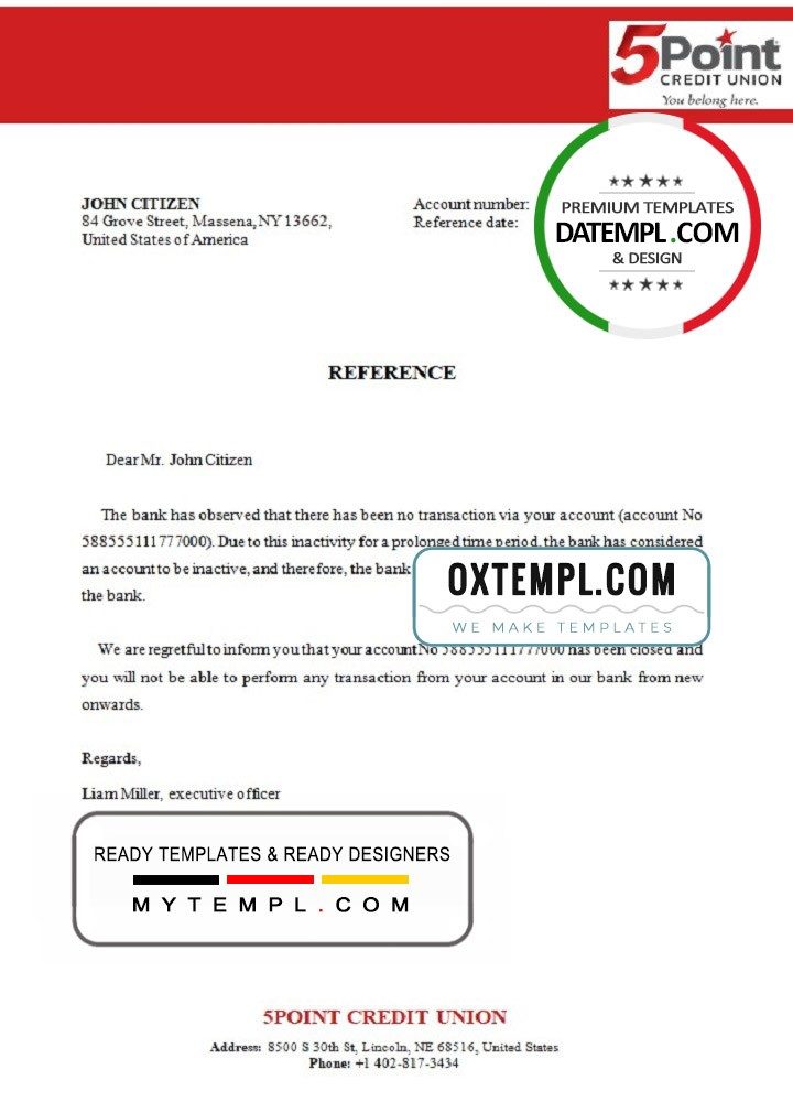 USA 5Point bank account closure reference letter example in Word and PDF format
