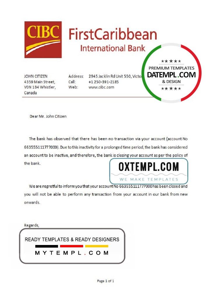 Canadian CIBC Bank account closure reference letter example in Word and PDF format