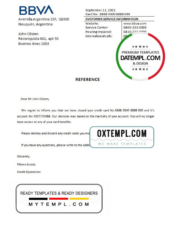 Argentinian BBVA bank account closure reference letter example in Word and PDF format