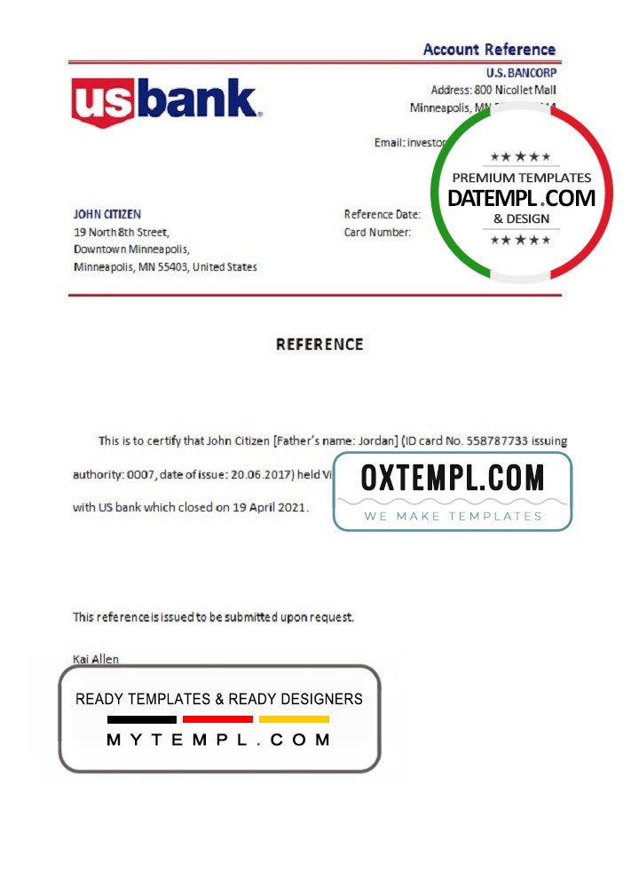 USA US Bank bank account closure reference letter example in Word and PDF format