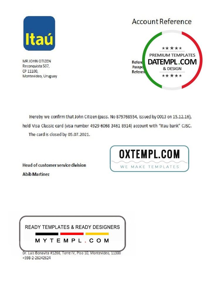 Uruguayan Itau bank account closure reference letter example in Word and PDF format