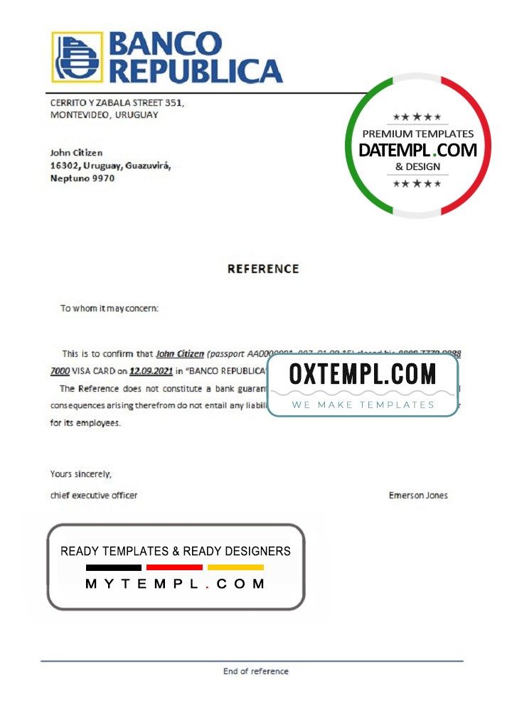 Uruguayan Banco República bank account closure reference letter example in Word and PDF format