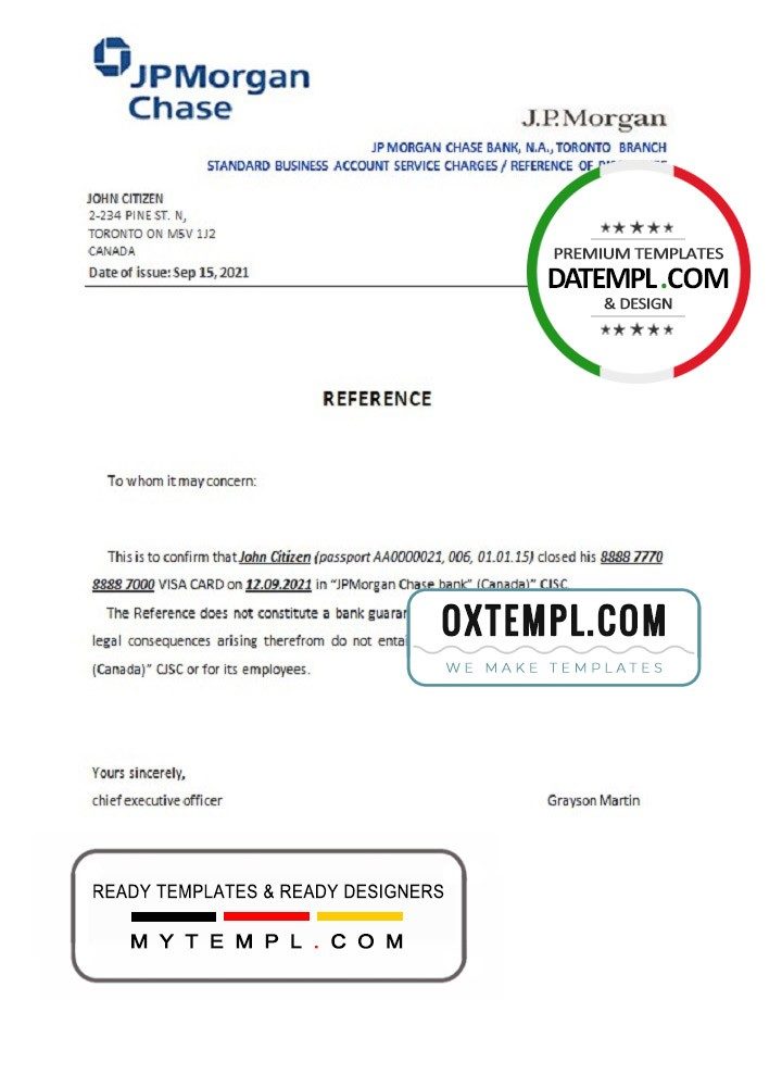 Canadian JPMorgan Chase bank account closure reference letter example in Word and PDF format