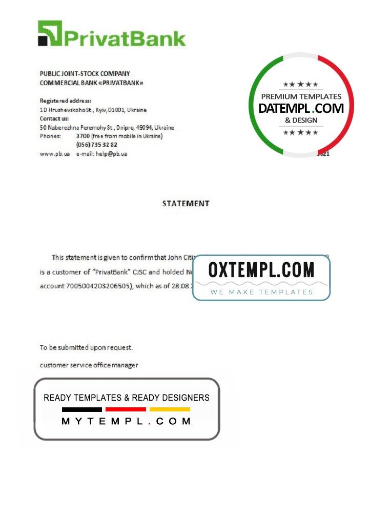 Ukrainian Privatbank account closure reference letter example in Word and PDF format