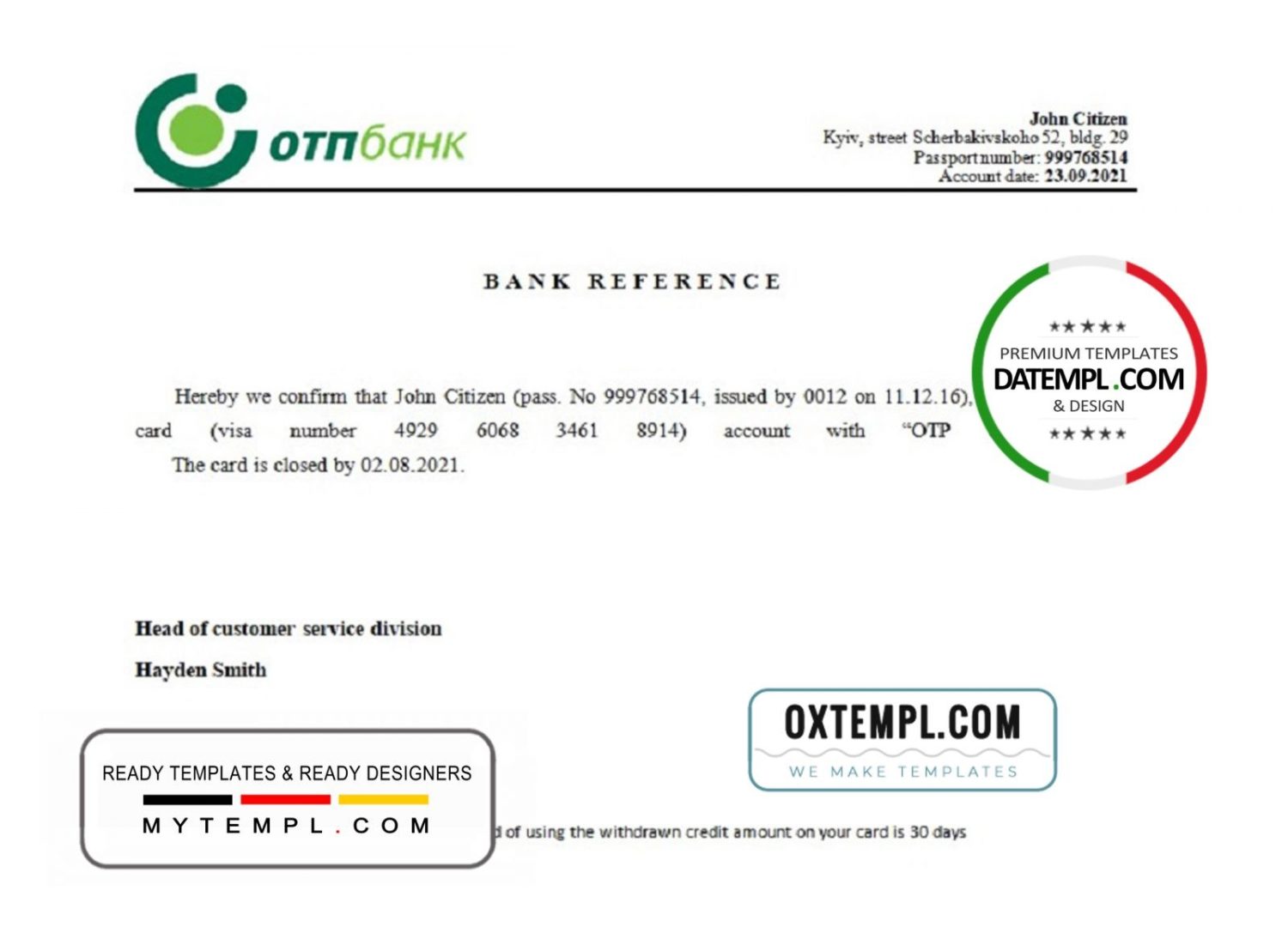 Ukrainian OTP bank account closure reference letter example in Word and PDF format