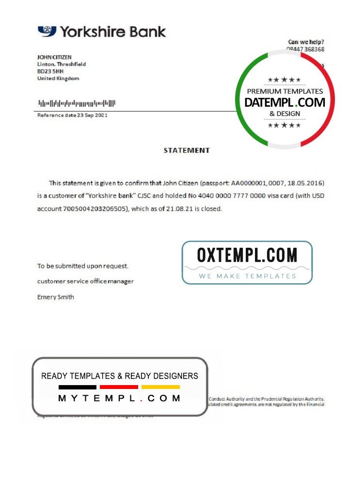 United Kingdom Yorkshire bank account closure reference letter example in Word and PDF format