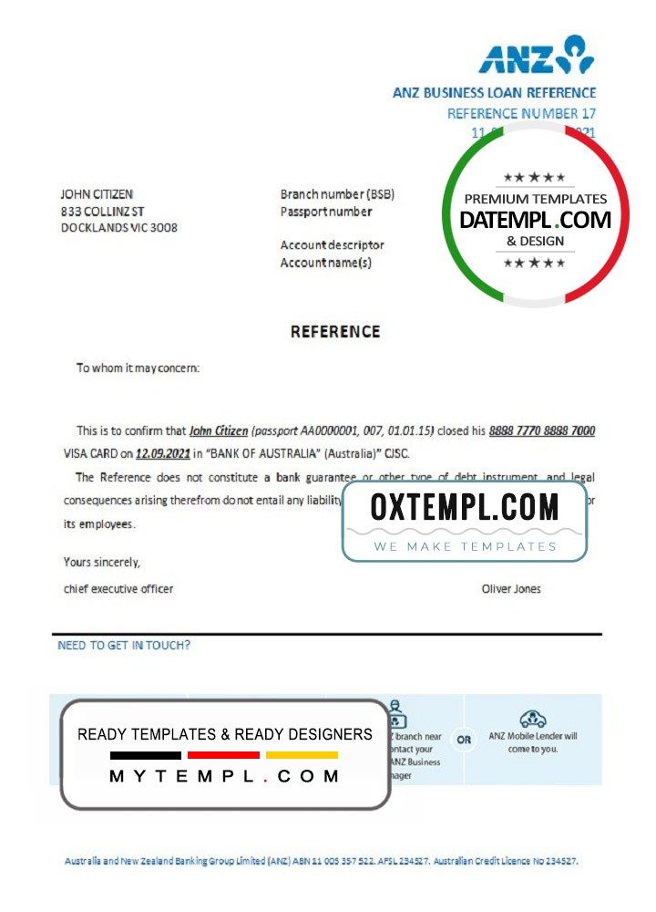 Australian ANZ bank account closure reference letter example in Word and PDF format