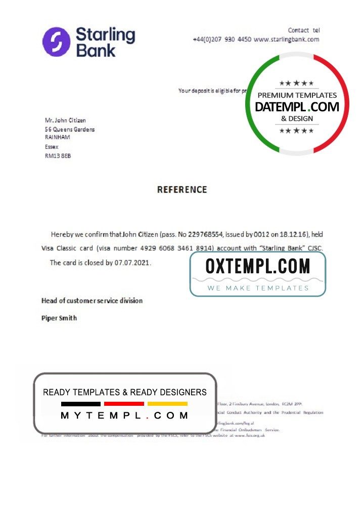 United Kingdom Starling bank account closure reference letter example in Word and PDF format