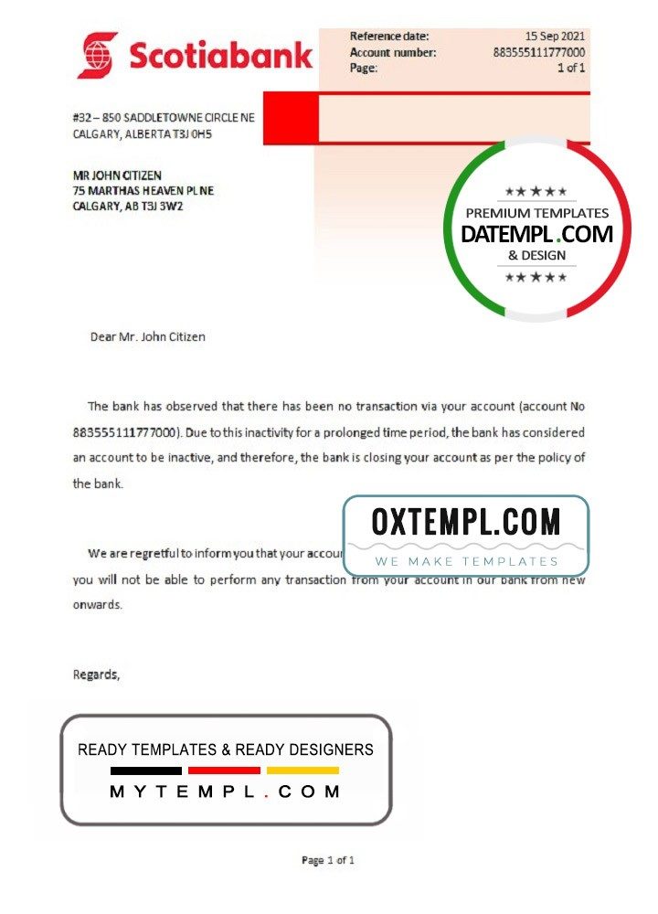 Canadian Scotiabank account closure reference letter example in Word and PDF format