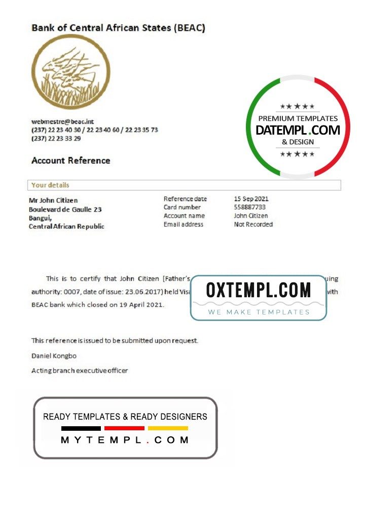 Central African Bank of Central African States (BEAC) bank account closure reference letter example in Word and PDF format