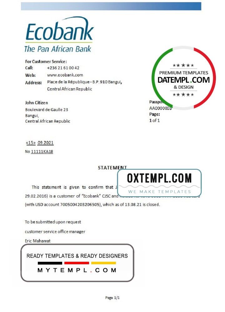 Central African Ecobank bank account closure reference letter example in Word and PDF format
