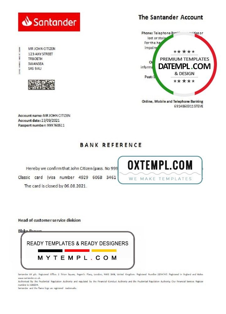 United Kingdom Santander bank account closure reference letter example in Word and PDF format