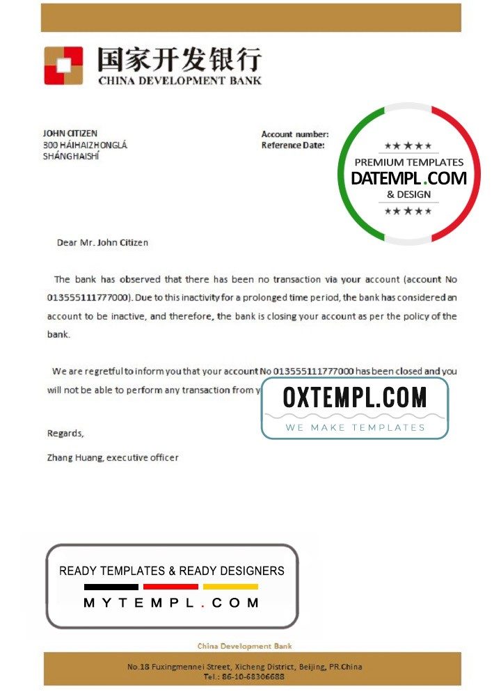 Chinese Development bank account closure reference letter example in Word and PDF format