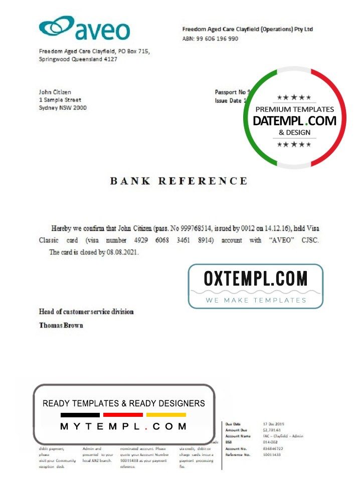 Australian Aveo bank account closure reference letter example in Word and PDF format