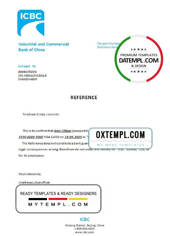 Chinese Industrial and Commercial Bank of Chinese bank account closure reference letter example in Word and PDF format