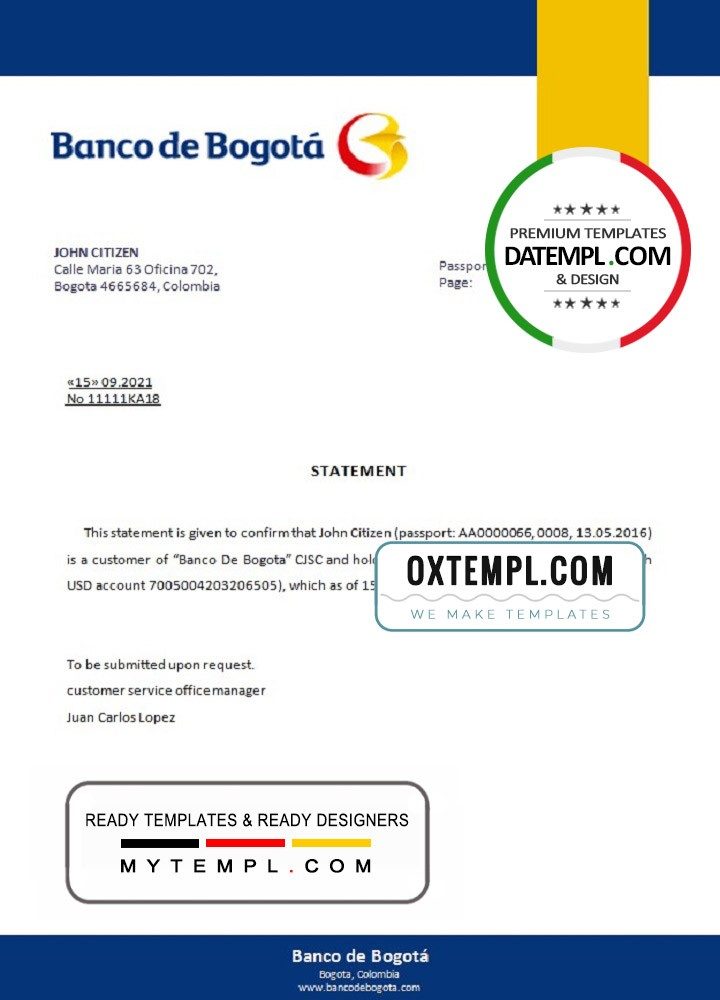 Colombian Banco de Bogotá bank account closure reference letter example in Word and PDF format