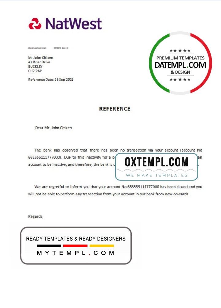 United Kingdom Natwest bank account closure reference letter example in Word and PDF format