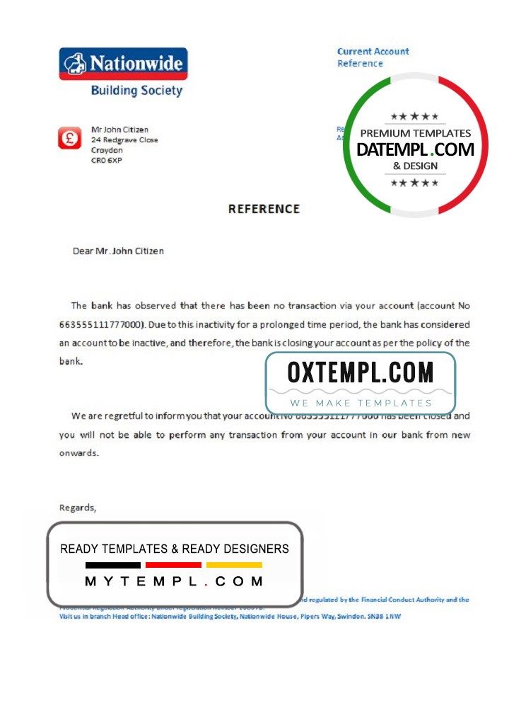 United Kingdom Nationwide bank account closure reference letter example in Word and PDF format