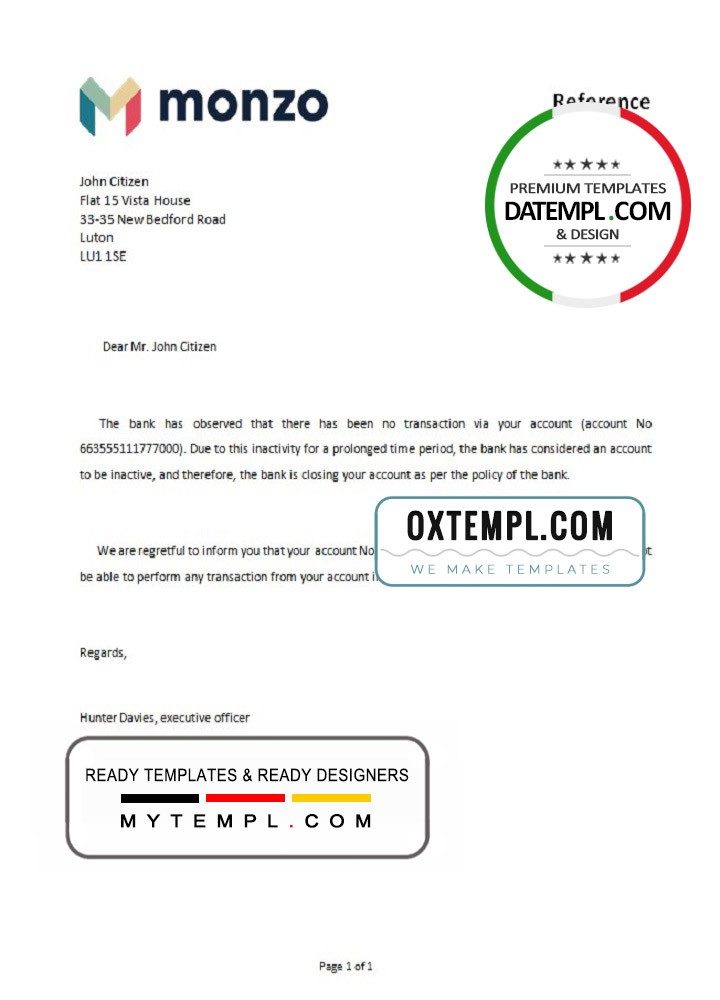 United Kingdom Monzo bank account closure reference letter example in Word and PDF format