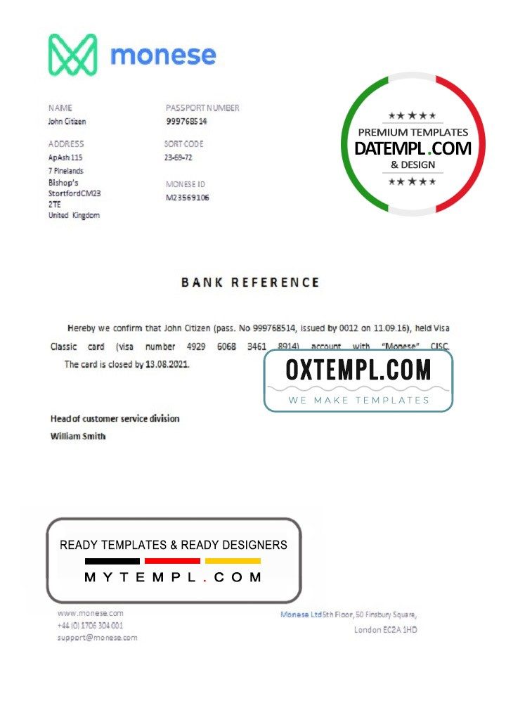 United Kingdom Monese bank account closure reference letter example in Word and PDF format