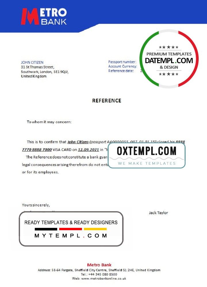 United Kingdom Metro bank account closure reference letter example in Word and PDF format