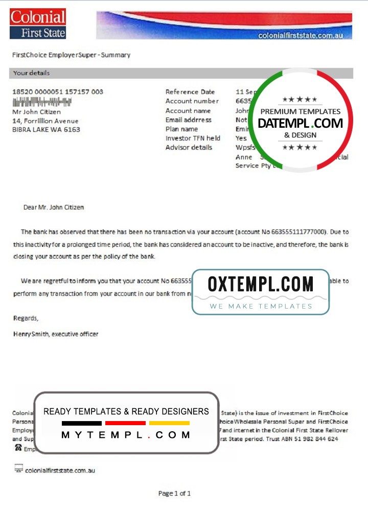 Australian Colonial First State bank account closure reference letter example in Word and PDF format