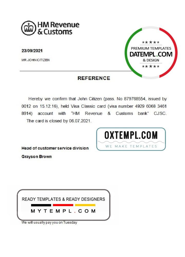 United Kingdom HM Revenue & Customs bank account closure reference letter example in Word and PDF format