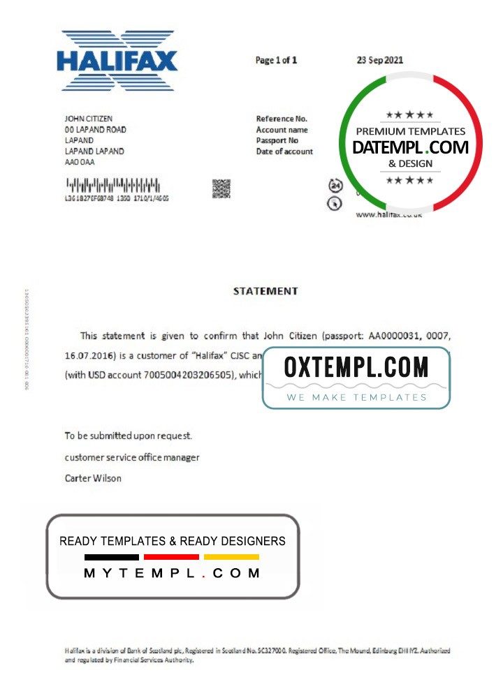 United Kingdom Halifax bank account closure reference letter example in Word and PDF format