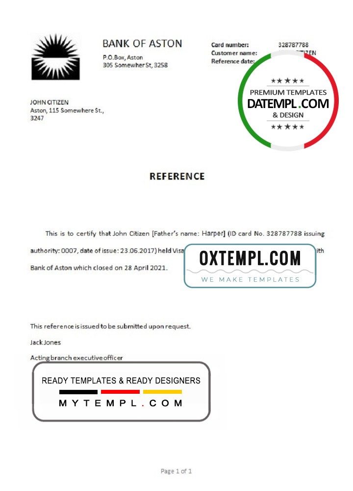 United Kingdom Bank of Aston bank account closure reference letter example in Word and PDF format