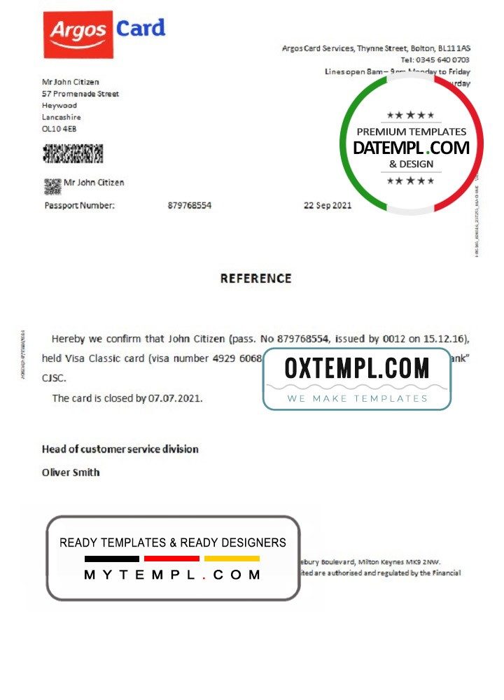 United Kingdom Argos card bank account payment closure reference proof of address example in Word and PDF format