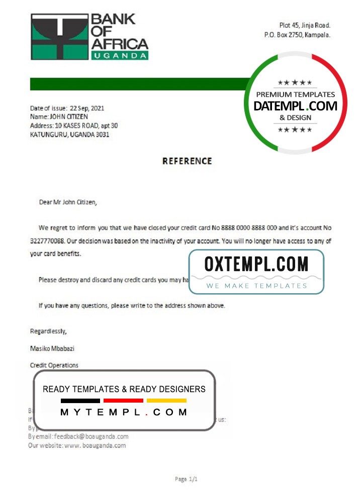 Uganda Bank of Africa account closure reference letter example in Word and PDF format