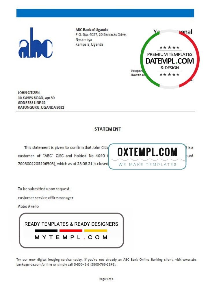 Uganda ABC bank account closure reference letter example in Word and PDF format