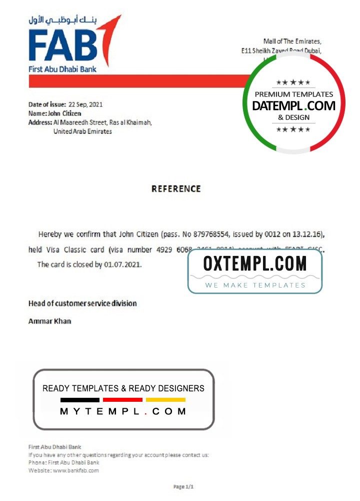 UAE FAB bank account closure reference letter example in Word and PDF format