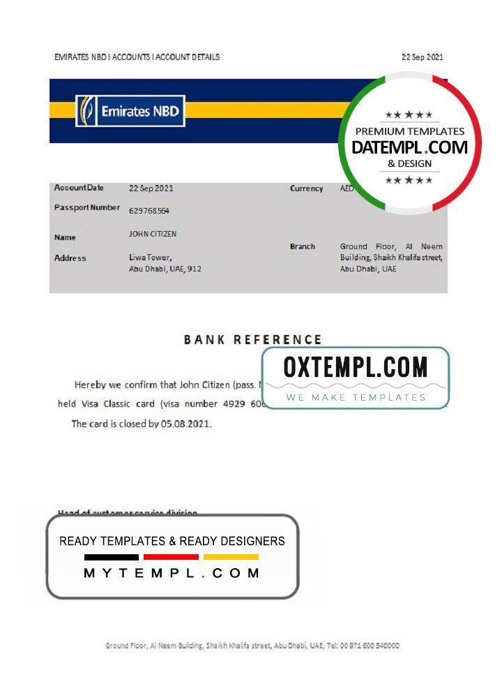 UAE Emirates NBD bank account closure reference letter example in Word and PDF format