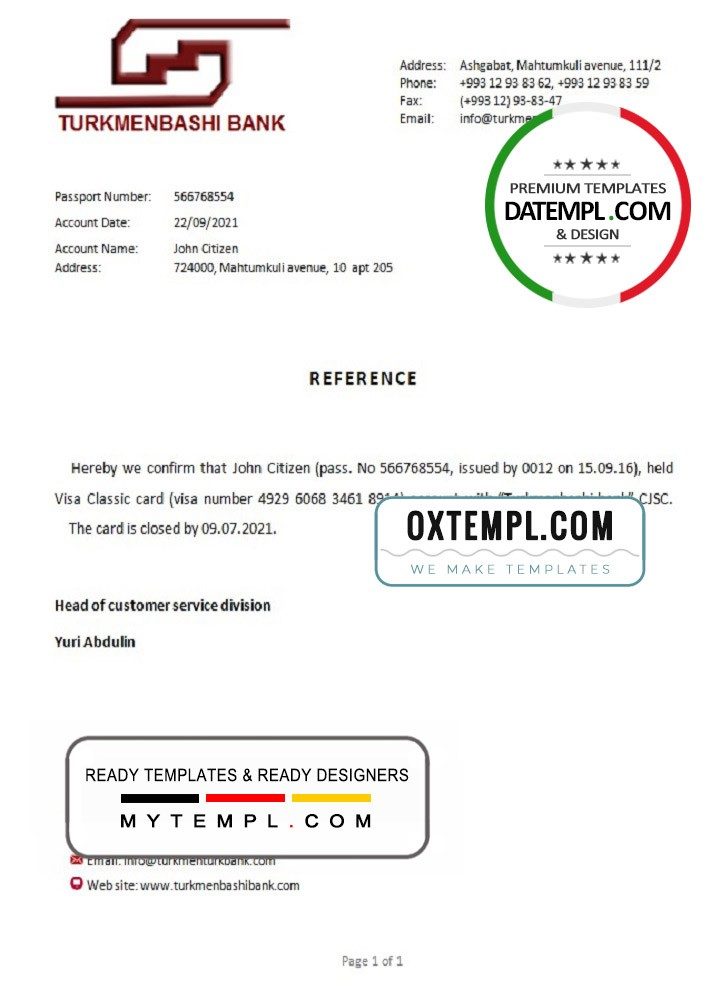 Turkmen Turkmenbashi bank account closure reference letter example in Word and PDF format