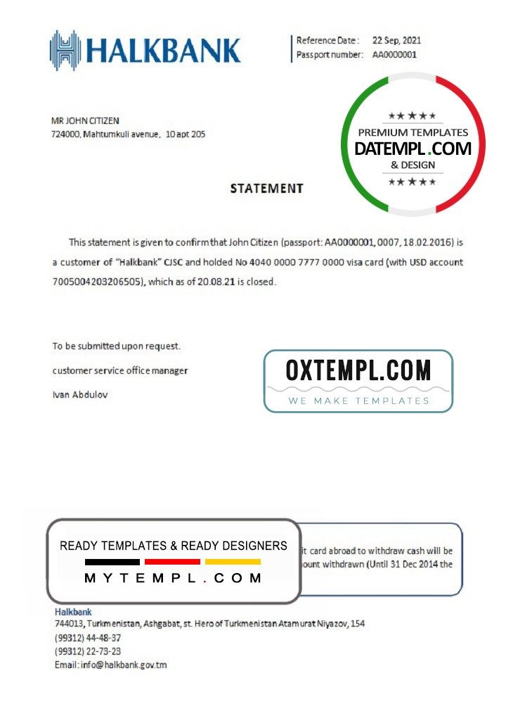 Turkmen Halkbank account closure reference letter example in Word and PDF format
