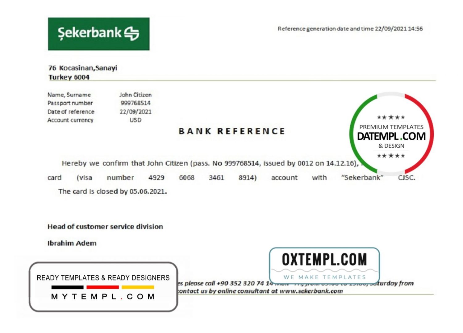 Turkish Sekerbank account closure reference letter example in Word and PDF format