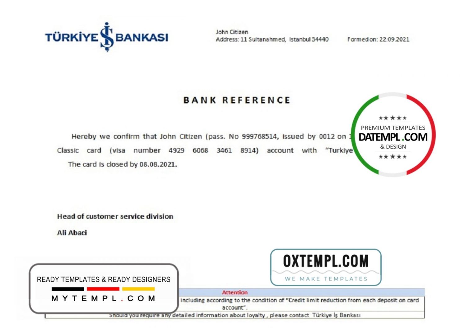 Turkish Is Bankasi bank account closure reference letter example in Word and PDF format