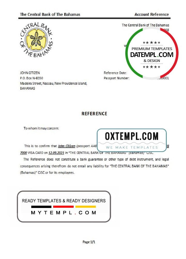 Bahamian The Central Bank of Bahamian bank account closure reference letter example in Word and PDF format