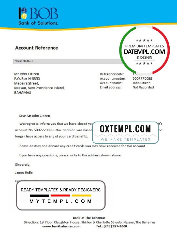 Bahamian Bank of Bahamian bank account closure reference letter example in Word and PDF format