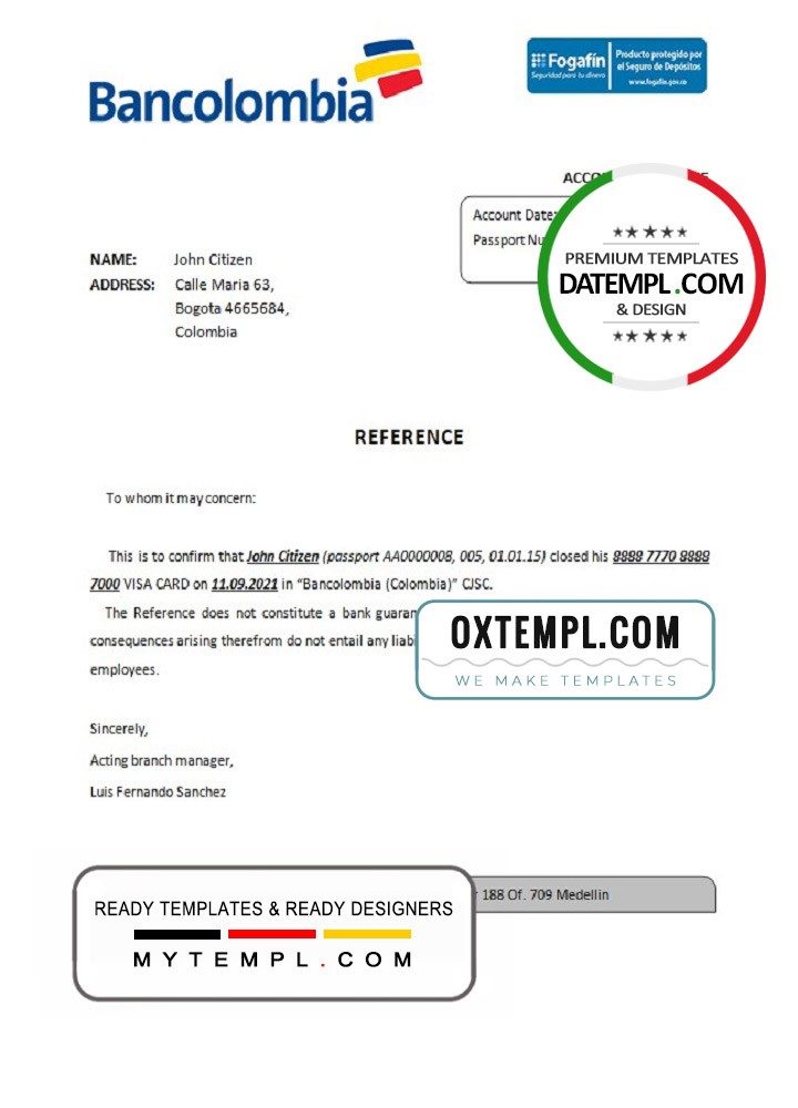 Colombian Bancolombia bank account closure reference letter example in Word and PDF format