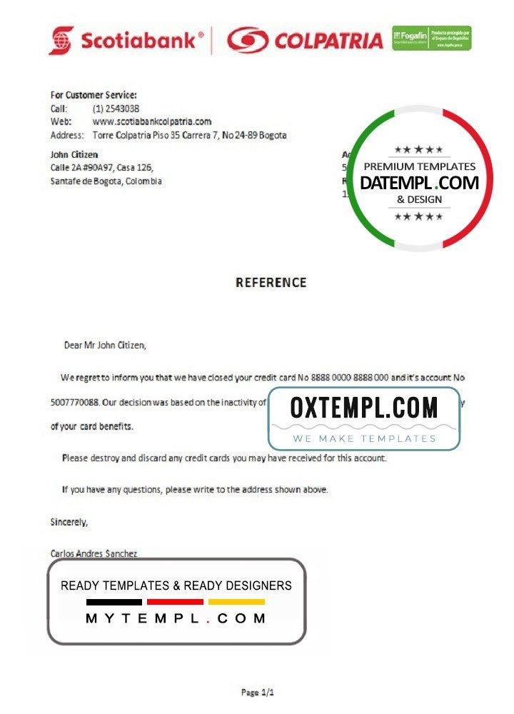 Colombian Scotiabank Colpatria bank account closure reference letter example in Word and PDF format