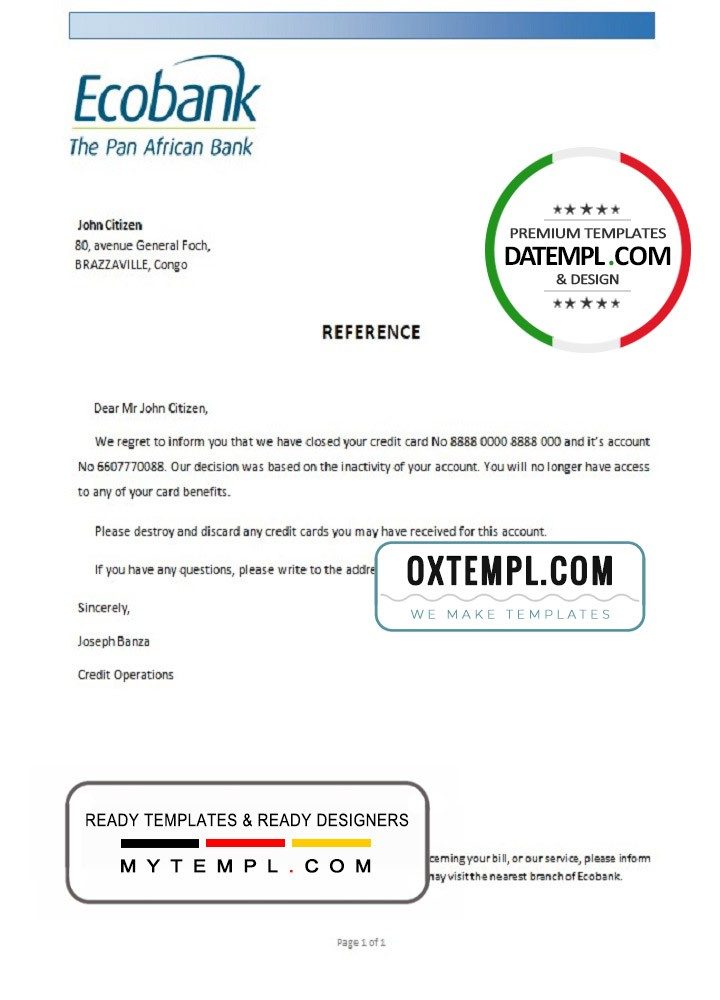 Congo Ecobank bank account closure reference letter example in Word and PDF format
