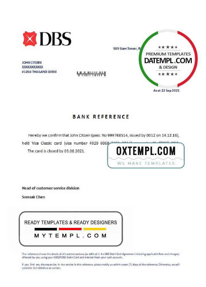 Thailand DBS bank account closure reference account reference letter example in Word and PDF format