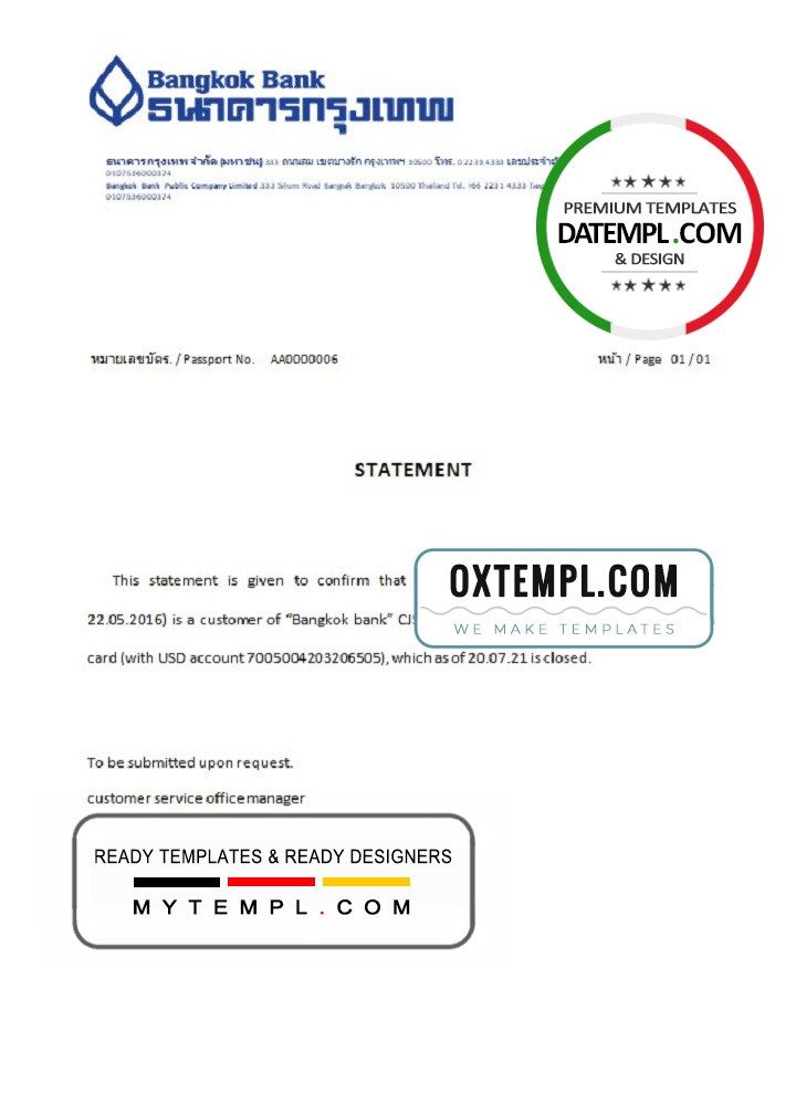Thailand Bangkok Bank account closure reference letter example in Word and PDF format