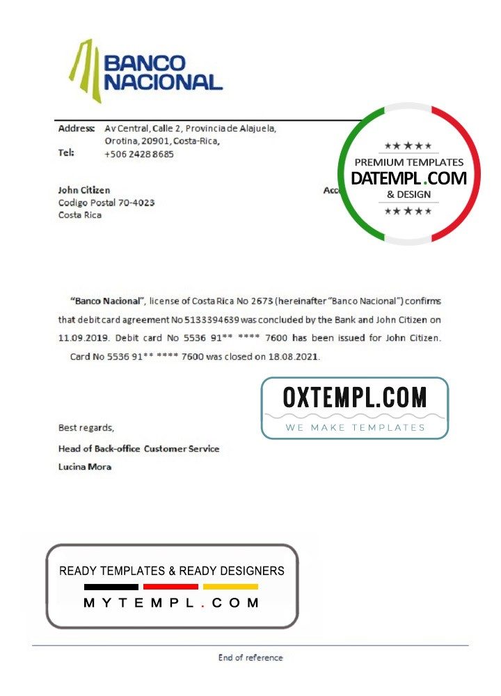 Costa Rican Banco Nacional de Costa Rican bank account closure reference letter example in Word and PDF format
