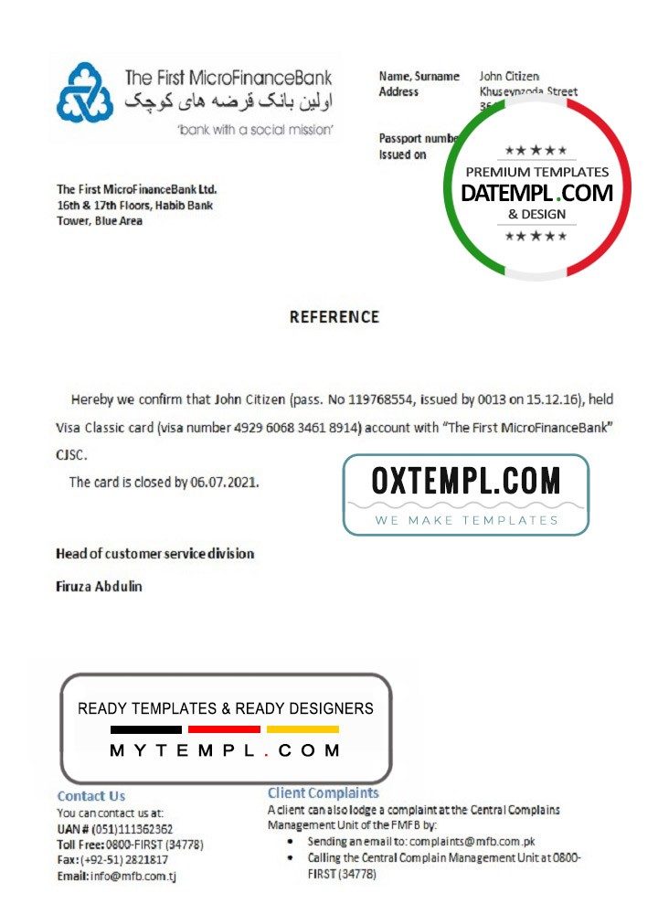 Tajikistani The First MicroFinanceBank account closure reference letter example in Word and PDF format