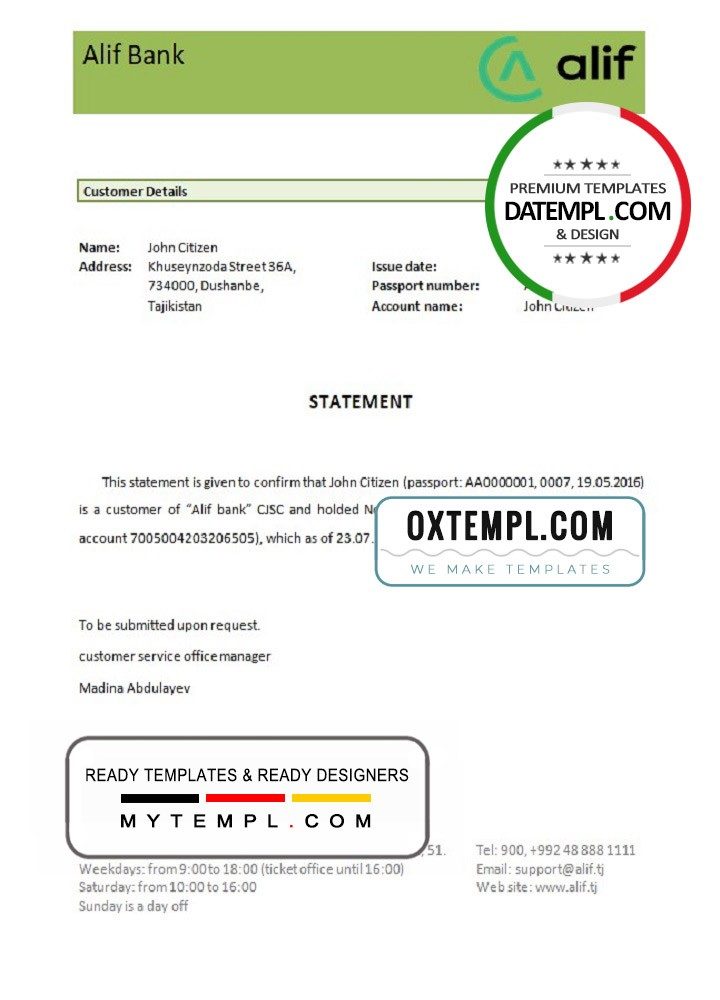 Tajikistani Alif bank account closure reference letter example in Word and PDF format